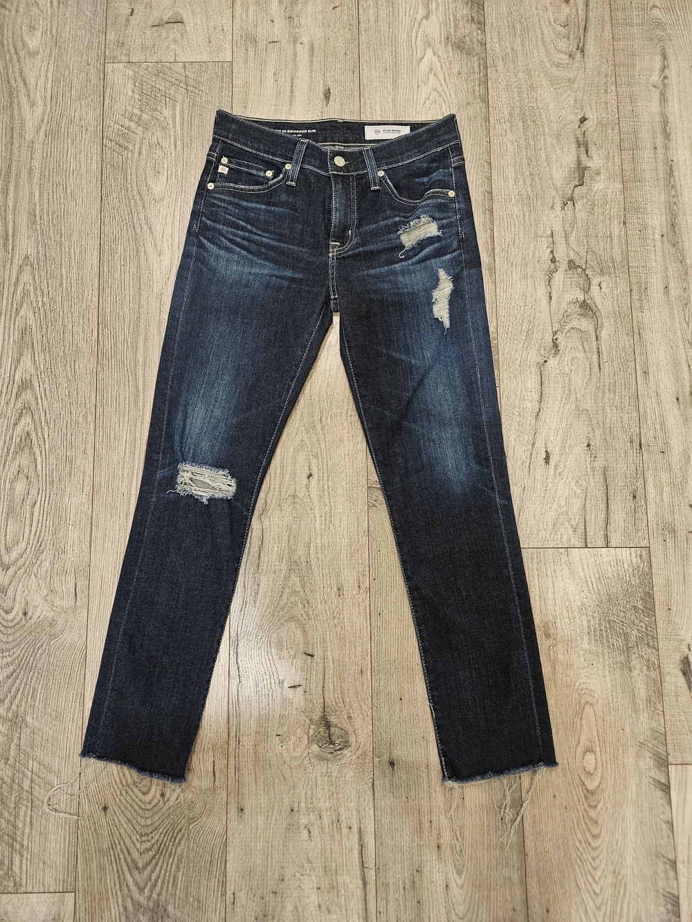 AG Dark Blue The Ex-Boyfriend Slim Slouchy Slim Distressed Straight-Leg Jeans 24